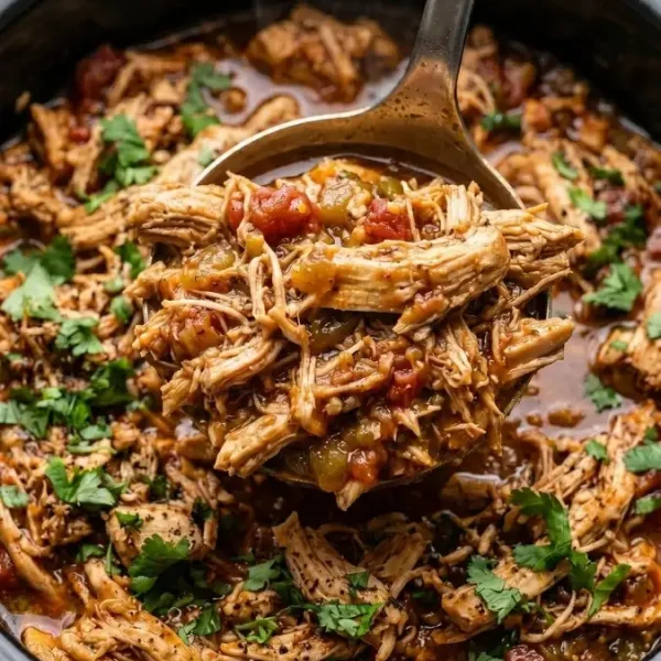 Slow cooker Mexican shredded chicken in a crockpot with salsa, fire roasted tomatoes and chipotle spices