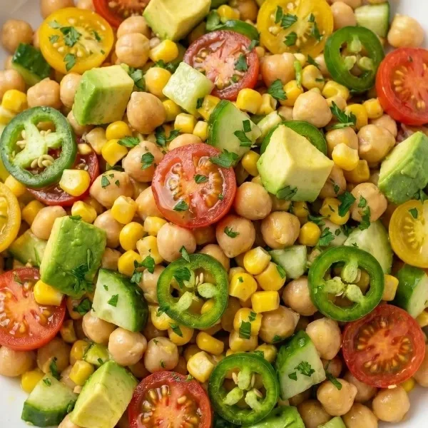 Easy chickpea salad with sweet corn, avocado, cherry tomatoes, cucumber, jalapeño and honey lemon vinaigrette in a large white bowl
