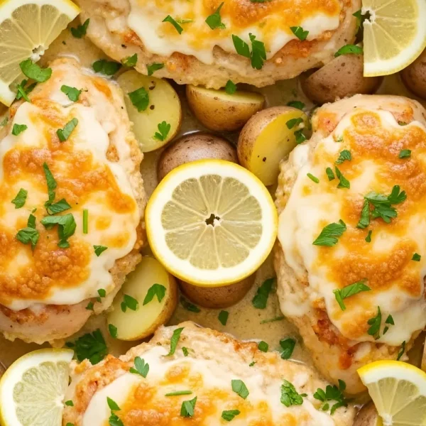 A top-down view of Garlic Parmesan Crockpot Chicken and Potatoes inside a slow cooker, featuring melted Parmesan cheese, creamy garlic butter sauce, fresh parsley, and lemon slices.