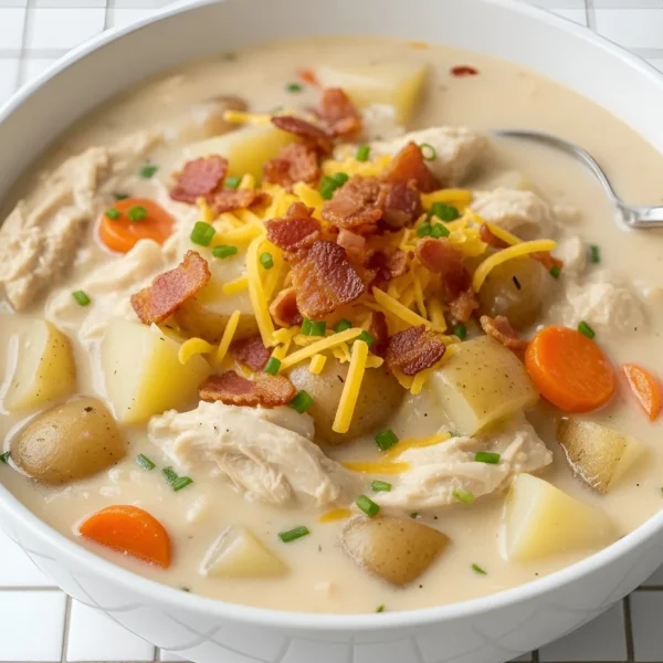A cozy bowl of creamy healthy chicken potato soup topped with crispy bacon, shredded cheddar cheese, and fresh chives