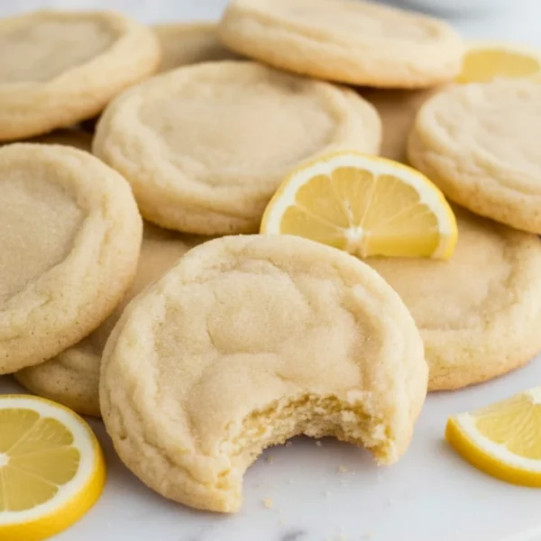Overhead view of lemon sugar cookies on parchment paper, with one broken in half to show the soft, moist interior texture