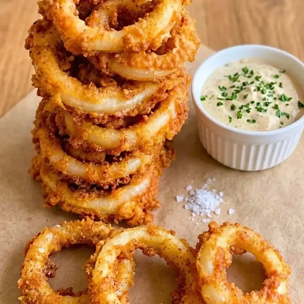 Pile of golden-brown homemade onion rings with craggy shattered batter on dark ceramic plate, seasoned with flaky sea salt and cracked black pepper, served with creamy dipping sauce on rustic parchment paper