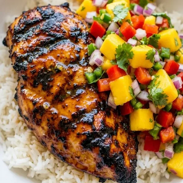 A wide, matte white ceramic bowl featuring a massive piece of aggressively charred chicken coated in a glossy honey-lime glaze, resting on fluffy Jasmine rice and heavily topped with an icy cold, brightly colored mango and red pepper salsa.