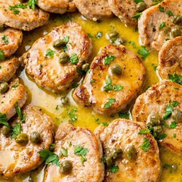 A massive skillet filled with fiercely browned pork piccata medallions heavily dripping in a wildly glossy, bright yellow lemon butter sauce dotted with green capers.