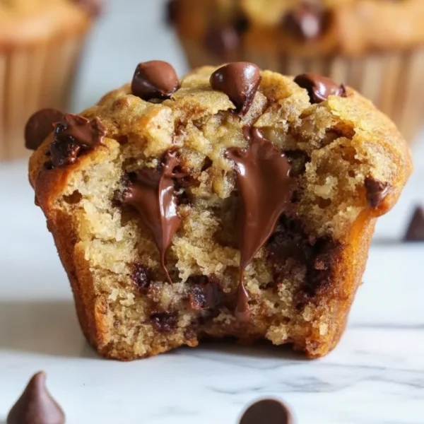 A close-up of a broken banana chocolate chip muffin with melting dark chocolate and a moist yellow crumb.