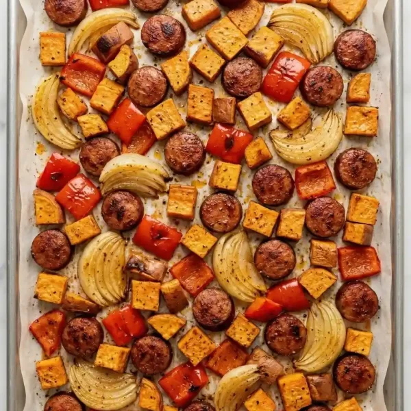 Overhead view of freshly roasted sheet pan sausage and sweet potatoes with bell peppers and onions on a baking tray.