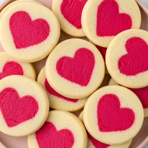 Slice and bake heart cookies with smooth, embedded pink hearts, baked evenly and arranged on a pink ceramic plate on a marble table
