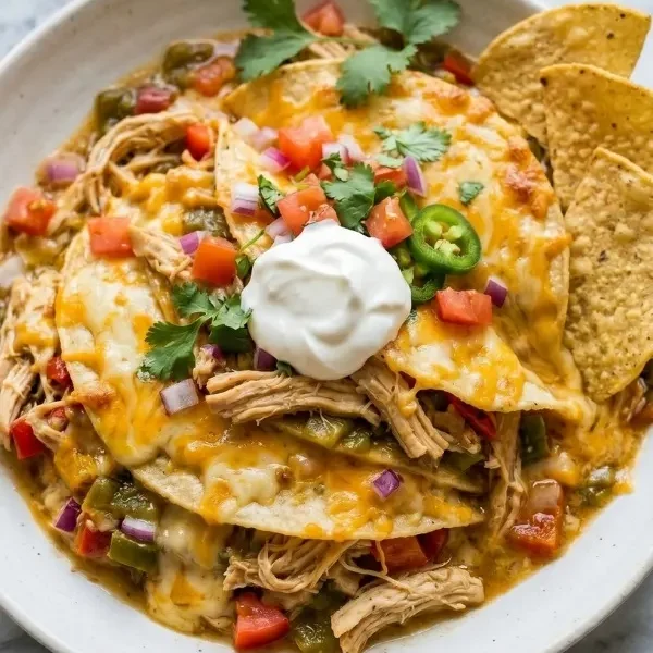 A wide, matte white ceramic dinner plate heavily loaded with steaming slow cooker King Ranch chicken, showing thick layers of soft corn tortillas, violently tender shredded chicken, and melted cheddar cheese.