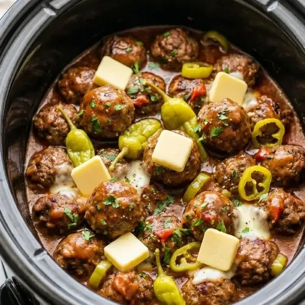A massive ceramic slow cooker completely filled with fiercely hot, wildly heavy Mississippi meatballs aggressively covered in a deeply dark, bubbling au jus butter gravy and violently bright pepperoncini peppers