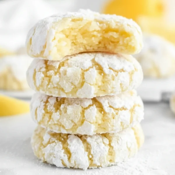 A close-up of fresh lemon crinkle cookies with a bright white powdered sugar coating and deep yellow cracks