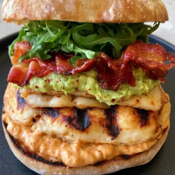 Spicy grilled chicken ciabatta sandwich with crispy bacon and melted pepper jack cheese on rustic bread