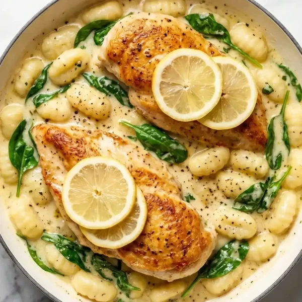 One-pan lemon chicken gnocchi with creamy parmesan sauce, spinach, and seared chicken, a fresh and easy spring dinner idea.