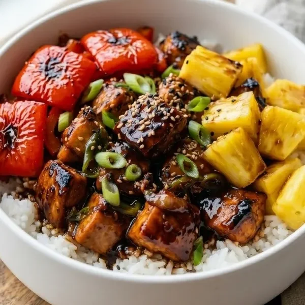 white ceramic bowl completely filled with fiercely steaming jasmine rice, aggressively topped with heavily charred chicken chunks, vibrant red bell peppers, and fresh pineapple all violently coated in a ridiculously sticky, dark brown sugar soy glaze.