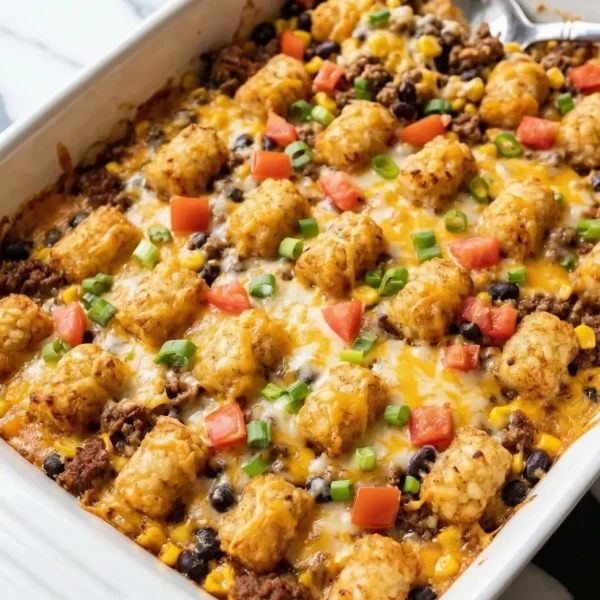 A close-up of a bubbling, freshly baked Tater Taco Casserole in a baking dish, featuring a layer of savory ground beef, black beans, and sweet corn, topped with melted Mexican cheese, red enchilada sauce, and perfectly crispy golden tater tots.