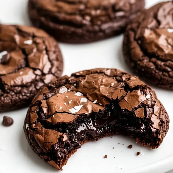 A close-up of freshly baked fudgy and chewy brookies on a white plate, featuring a shiny crinkle top and a gooey, molten brownie cookie center with flakes of sea salt